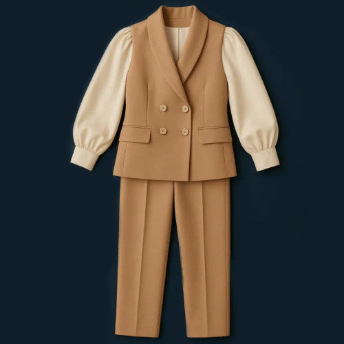 ست سه تکه دخترانه شامل شومیز آستین چیندار و وست با یقه آرشال و شلوار پاکتی پیلی دار با جنس کرپ سوپرمازراتی