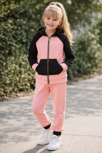 ست سویشرت شلوار اسپرت دورنگ بچه گانه کلاه دارباجنس دورس تو کرکی