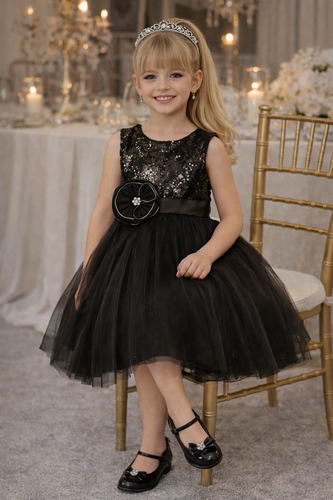 پیراهن دخترانه مدل مجلسی پفی پرنسسی جنس تور پولکی و سانول