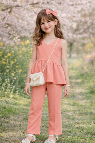 ست راحتی و چیندار دخترانه با آستین حلقه ای و جنس ابروبادی